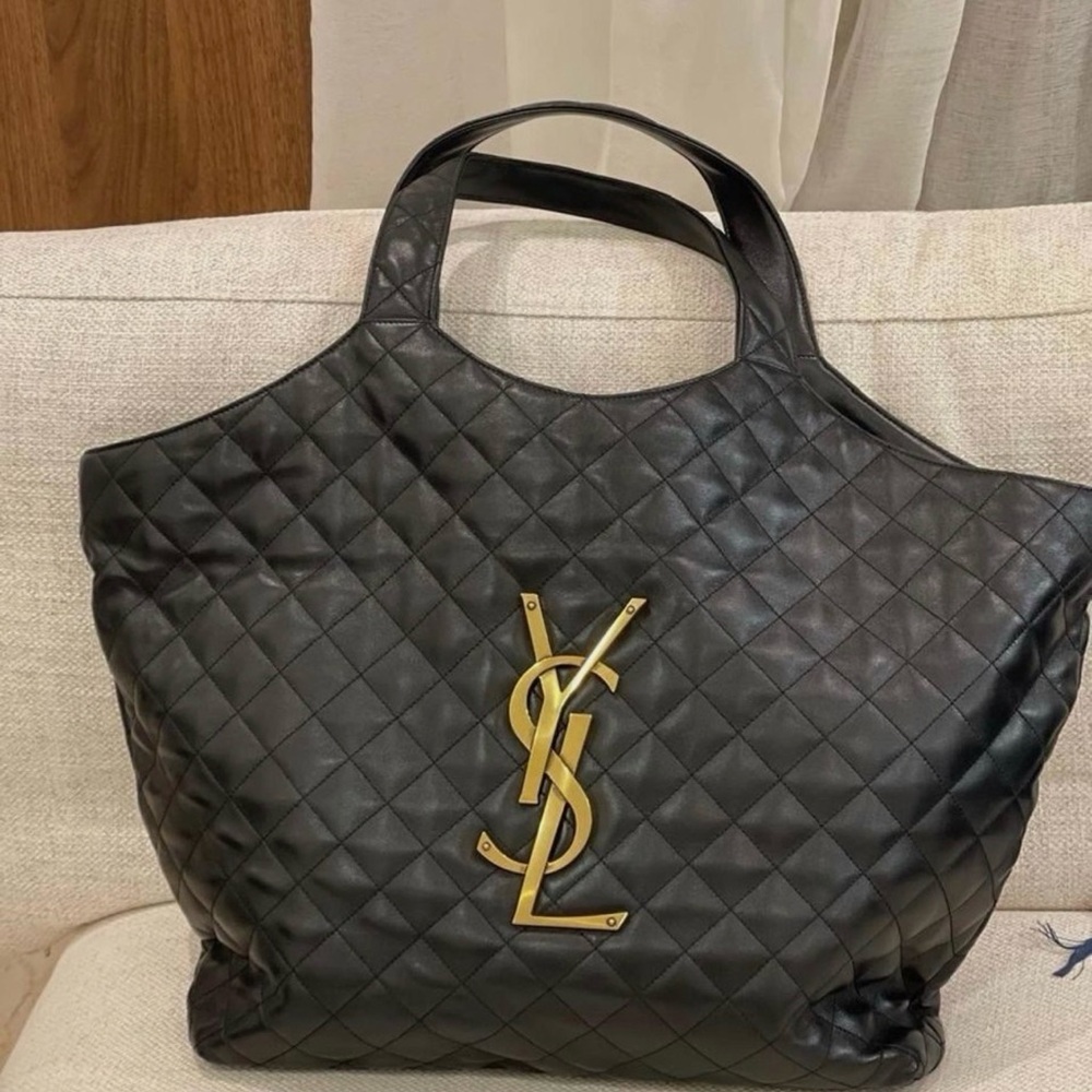 Yves Saint Laurent Black Quilted Tote with Gold Logo